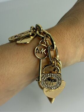 Vintage Gold-Tone Crystal Heart & Key Charm Bracelet